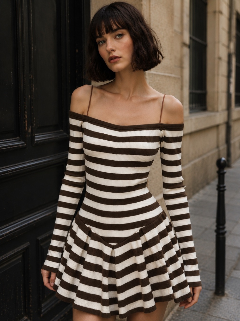 Pretty Knit Brown Ivory Stripe Off Shoulder Fit Flare Lace Up Back Dress S